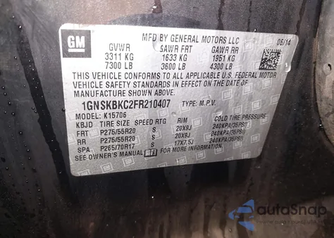 2015 Chevrolet Tahoe Lt z USA, uszkodzony, nr VIN 1GNSKBKC2FR210407